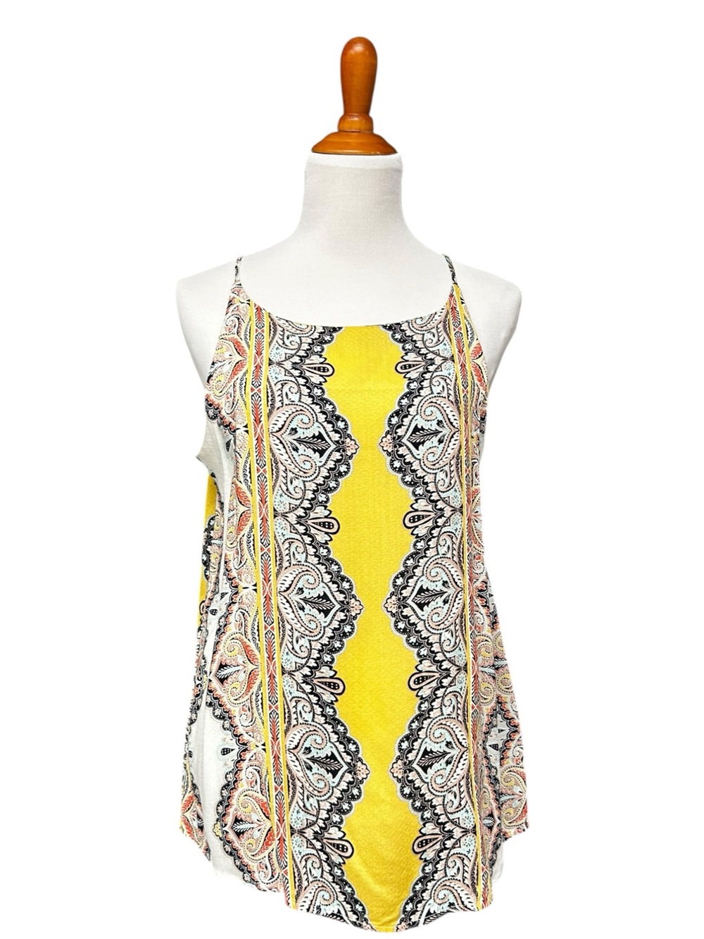 Verse Yellow Paisley Boho Sleeveless Tunic Tank Top Made in USA Rayon Size Larg